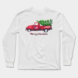 Vintage Watercolor Red Truck Carrying Xmas Tree Merry Christmas Long Sleeve T-Shirt